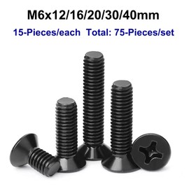 FandWay Countersunk Screw with Phillips according to Standard DIN 965 Machine Screws, M6 x 12/16/20/30/40 mm Black Carbon Steel Flat Head Thread Screws Set with 1 Wrench (15 of Each Size)