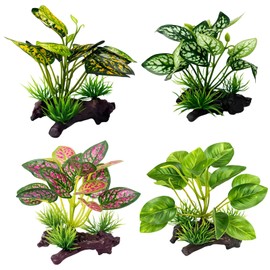 XLTXWD 4Pcs Reptile Accessories, Vivarium Decoration with Three Artificial Plants, Enhance Reptile Habitat Environment, Three-Pronged Leaves in Yellow Red White Colours