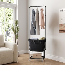 ELYKEN Laundry Cart with Hanging Rack, Rolling Laundry Hamper with Wheels, Laundry Basket with Removable Liner Bag and Shelf, Sturdy Metal Frame Dirty Clothes Basket for Hotel, Home, Closet, Dorm