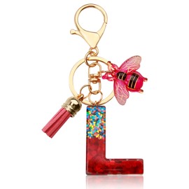 ORUZA Alphabet Initial Letter Keychain, Red Sequin Initial Letter Keyring with Bees Tassel Pendant Resin Alphabet Key Ring for Women Wallet Purses (L)