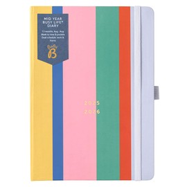 Busy B Diary - A5 Mid-Year Academic Diary - Busy Life Weekly Journal - Aug '25 - Aug '26 – Multi Stripe Cover - Life Planner with Dual Schedules, Year Calendar, Pen Loop, Pockets & Elastic Closure