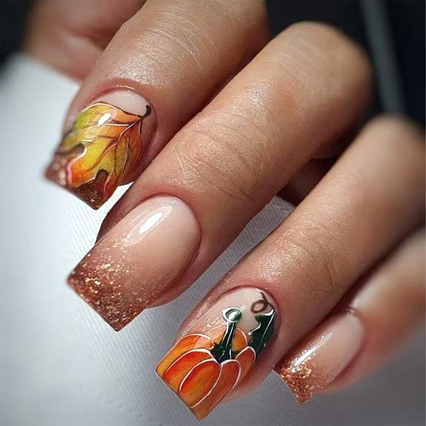 LWTZLW Fall Pumpkin French Tip Press on Nails Short Square
