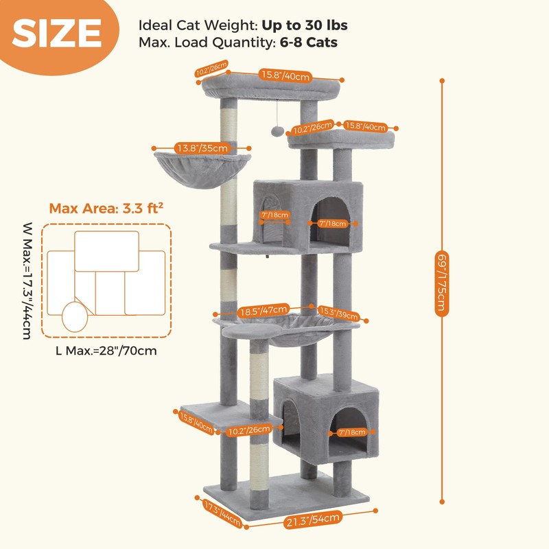 PETEPELA 69" Tall Cat Tree for Indoor Large Cats, Cat