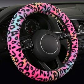 HEHA Fluffy Steering Wheel Cover for Women,Girly,Fuzzy Steering Decor,Plush, Leopard Print,Sweat-Absorb,Universal 15 Inch,Red (Fluffy-Leo)