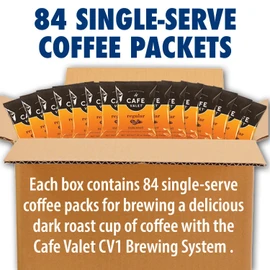 Café Valet Regular Dark Roast Single Serve Coffee Packets – 84 Count – For Use with Café Valet Single Serve Cofee Makers – Disposable Brew Basket & Cofee Pack