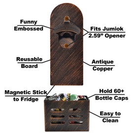 Jumiok - Abrebotellas magnético rústico para montaje en pared, divertido abrebotellas y captador de tapas para nevera