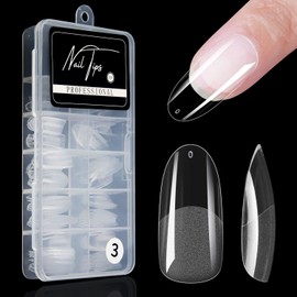 Cycullinyt Almond Round False Nail Tips, 100pcs Pre-Shape Frosted Press On Nails for Nail Extension Nail Art, Fake Clear Nail Tips with Box for DIY Salon 10 Sizes