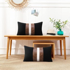 JASEN Set of 2 Faux Leather Pillow Cover 12x20, Black and White Decorative Throw Pillow Covers Brown Modern Stripe Accent Cushion Cover Couch Bed Sofa