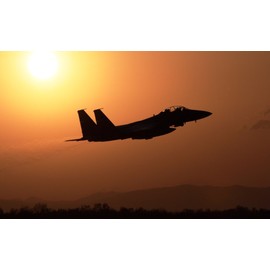 絵画風 壁紙ポスター （はがせるシール式） 航空自衛隊 戦闘機 F-15J イーグル 夕陽 シルエット JASDF 空自 自衛隊 JSDF ミリタリー キャラクロ JASD-009W2 （ワイド版 603mm×376mm） 建築用壁紙＋耐候性塗料 ＜日本製＞ ウォールステッカー お風呂ポスター