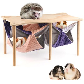 HOSUKKO Guinea Pig Hideout Double Hammock with Stand for Ferrets, 2PCS Hanging Soft Sleeping Bed with Large Durable Wooden Stand for Small Animals Hiding Sleeping Playing