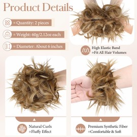 FeidyLong 2PCS Messy Bun Hair Piece - Large Elastic Wavy Curly Hair Bun Scrunchies Ponytail Extensions Synthetic Chignon Thick Updo Hairpieces for Women 2.12oz each(Ash Blonde Mix Ginger Brown)