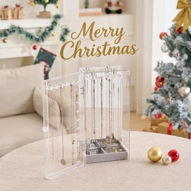 Lolalet Necklace Holder Organizer, Acrylic Jewelry Organizer with 24 Hooks, Rotating Clear Necklaces Display Box with Built-in Mirror, Dust-proof Jewelry Storage Case with Velvet Tray -Clearmirror