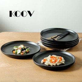 KOOV Ceramic Dinner Plates Set of 6,10.25 inch Large Dinner Plates, Porcelain Plates Set for Salad, Pasta, Kitchen Serving Dish Set, Reactive Glazed (Matte Black)