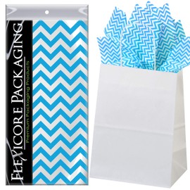Flexicore Packaging White Kraft Paper Gift Bags & Turquoise Gift Wrap Tissue Paper | Size: 8 Inch X 4.75 Inch X 10.5 Inch | Count: 5 Bags | Color: Turquoise Chevron