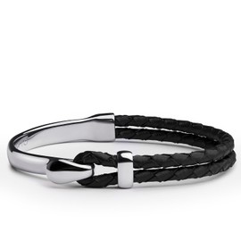 Elegatto Signature Premium Sterling Silver Bracelet for Men | Black Leather with Silver Polished Stainless Steel Hook Closure | Men’s Designer Jewelry Bracelets | Silver Extra Large (8.3")