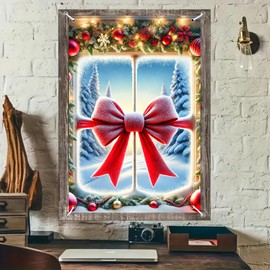 BlissYard Christmas Window Cover 31x47 Inch Red Bow Holiday Wreath Banner Snowy Pine Forest Backdrop Indoor Outdoor Christmas Tree Lights Decor Winter Wall Hanging Panel Party Background