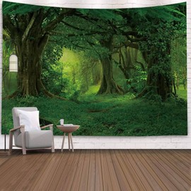 Mesnt Tapestry Nature Forest, Wall Towel Landscape Tree Psychedelic, Living Room Bedroom Picnic Blanket Rug Yoga Mat Wall Decoration (Green, 260 x 240 cm)
