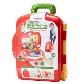 PETERKIN | Little Market Wheelie Case Toy | 20 piece, brightly coloured, grocery market shop in a 34cm wheelie case with retractable handle | Roleplay Toys | Ages 3+