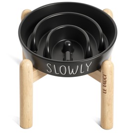 Ceramic Slow Feeder Bowl Elevated - 1.5 Cup with Wood Stand for Small & Medium Breed, Anti-Gulping, Black