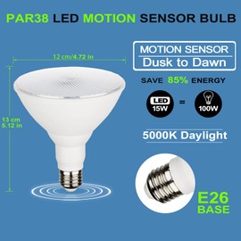 Radar Motion Sensor Outdoor Flood Light Bulbs, Dusk to Dawn LED Security Light E26 Base PAR38 Motion Activated 5000K Daylight, 15W(100-Watt Replacement), LED Light Bulbs for Porch, Driveways, 2 Pack
