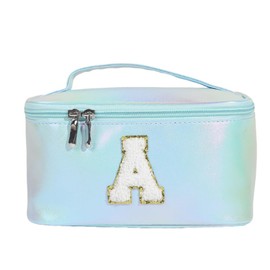 Large Preppy Patch Makeup Bag,Travel Cosmetic Bags PU Leather Portable Waterproof Toiletry Storage Case with Chenille Letter Zipper Daily Use Pouch for Women,Gradient Blue A