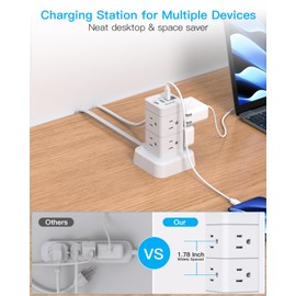 Tower Surge Protector Power Strip 10 ft,Long Flat Extension Cord with Multiple Outlets, 8 AC Outlets with 4 USB Ports, Desktop Charging Station for Multiple Devices, for Home Office College Dorm