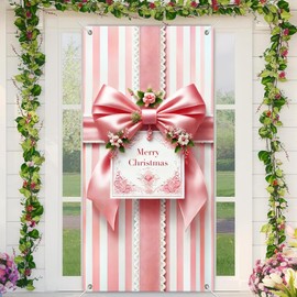BlissYard - Bandera de Navidad rosa para puerta de 35 x 71 pulgadas, caja de regalo para colgar en la pared con lazo de satén y letrero floral de feliz Navidad para porche delantero, interior y