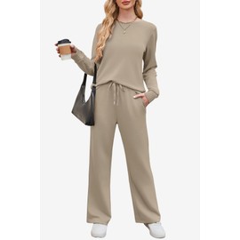 WIHOLL Sweatsuits Women 2 Piece Outfit 2025 Fall Winter Matching Sets Clothing Wide Leg Sweatpants Tracksuits Concert Outfits 70s Jogger Sets Teacher Womens Clothes Khaki 2XL