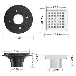EXF Square Shower Drain 4 3/8 Inch Brushed Nickel, Stainless Steel Shower Floor Drain Kit with Flange, Removable Cover Grid Grate, Hair Strainer