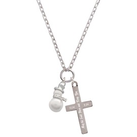 Delight Jewelry Silvertone Imitation Pearl Snowman - Bless and Keep You Engraved Cross Zoey Necklace, 28"