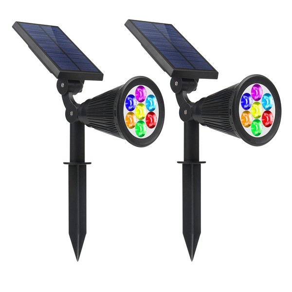 Solar Spot Lights Outdoor, 7 LED Color Changing Solar Spotlights Decor Waterproof 2-in-1 Landscape Security Lighting for Garden, Patio, Yard, Tree Decoration (2-Pack)