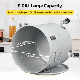 Fryer Grease Bucket 8 Gal, Coated Carbon Steel Oil Filter Pot with Caster Base, Oil Disposal Caddy, Transport Container with Lid Lock Clip Nylon Filter Bag, Silver