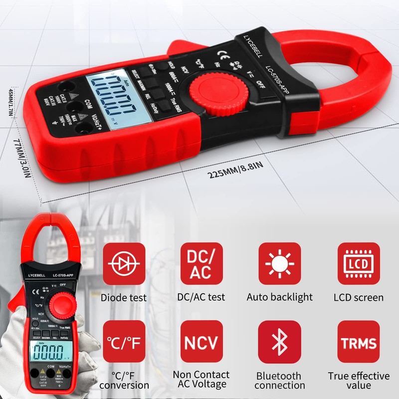 LYCEBELL Digital Current Clamp Multimeter, LC-570S-APP True RMS Digital Current