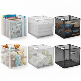 Sawysine 6 Pack Foldable Metal Cube Storage Baskets 13x13in Cube Storage Bins Wire Mesh Basket with Handle Stackable Mesh Laundry Organizer Bin for Shelves Cabinets Pantry Countertop Kitchen, 3 Colors