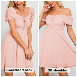 Byinns Women's Sweetheart Neckline Dress Smocked Sundress Puff Short Sleeve Drawstring Dresses Pink