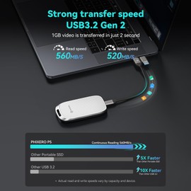 PHIXERO P5 Portable SSD 1TB Up to 560MB/s, USB 3.2 Gen 2 External Solid State Drive，USB C to C&A for Smartphone，Tablet，PC，Labtop (White)