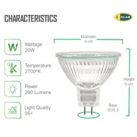 CLAR - Halogen 12V 20W, 12V 20W Halogen Bulb, 12V 20W, 12V 20W Halogen Bulb, Halogen Spotlight, 12V 20W, Plug-In Bulbs 12V 20W, MR16, GU5.3 Halogen GU5.3 (Pack of 20)