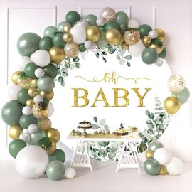 OERJU Greenery Baby Shower Round Backdrop Cover Oh Baby Sign Round Backdrop Green Eucalyptus Gender Neutral Baby Shower Newborn Birthday Party Decoration Photography Background Photo Booth Props 5ft
