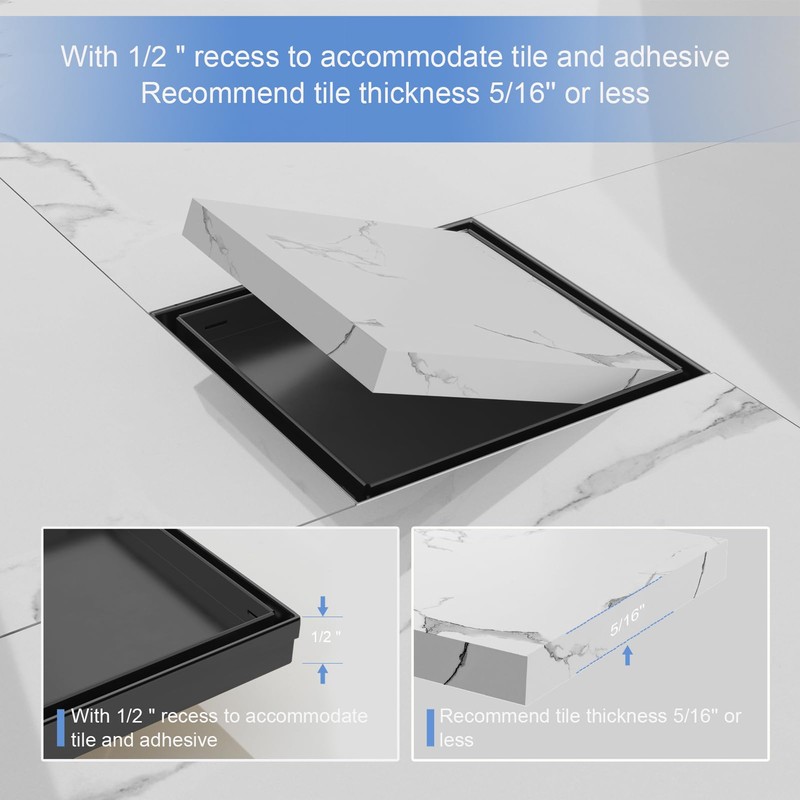 6-Inch Square Shower Drain with Tile Insert Grate, SUS 304