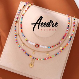 ACEDRE Colorful Layered Beaded Necklaces Gold Heart Beads Choker Necklace Boho Rave Costume Neck Accessory for Women(3PCS)