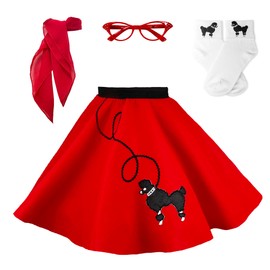 Hip Hop 50's Shop 1950s Girls 4 Piece Poodle Skirt Costume Outfit for Kids with Accessories (glasses, socks, scarf) (Child Small Red)