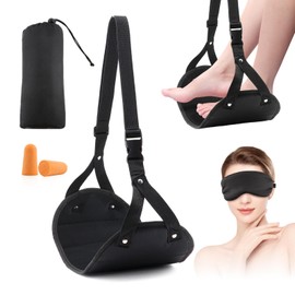 QKDS Airplane Foot Hammock, Foot Rest for Under Desk at Work, Portable Adjustable Airplane Foot Rest, Travel Essentials with Eye Mask and Earplugs, Long Flight Essentials(Black)