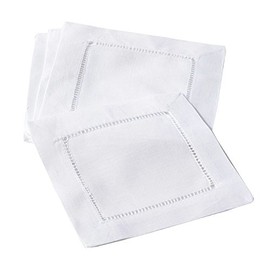 Fennco Styles Classic Hemstitch Boarder Linen Blend 6 x 6 Inch Cocktail Napkins for Dining Table, Banquet, Wedding, Family Dinner, White, Set of 4