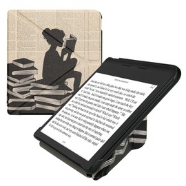 kwmobile Origami Case Compatible with Kobo Libra Colour - Case Slim Premium PU Leather Cover with Stand - Girl and Books Black/Beige