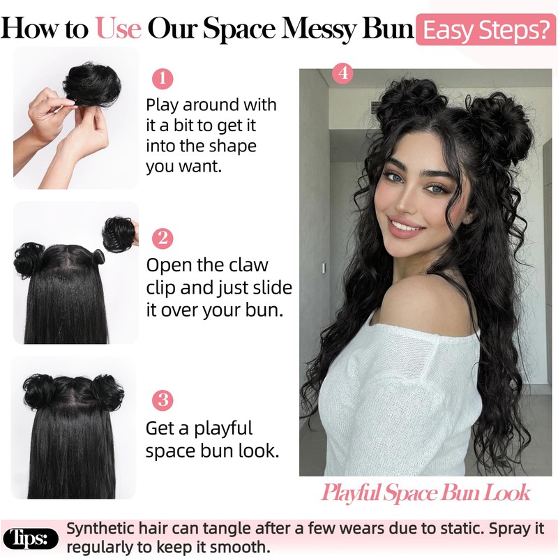 Space Buns Hair Piece 2 Pack Messy Bun Extension Claw