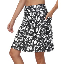 KORALHY Golf Skorts for Women with 4 Pockets 20" Knee Length Skirts Tennis Athletic Casual Skorts with Shorts Black White Fruit Leaves XL