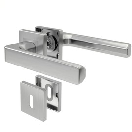 AwmnSrman Door Handles, Interior Doors, Cube Door Handle, Door Fitting, Bedroom Door Set, BB Deadlock Set, 1 Set, Modern Stainless Steel, 2 Door Handles and 2 Long Plates, Silver