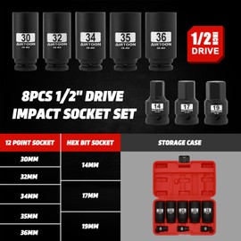 AIRTOON 1/2" Drive 12-Point Axle Nut Spindle Impact Socket Set, 8-Piece Deep Impact Socket Set, Cr-Mo, 14mm 17mm 19mm, 30mm 32mm 34mm 35mm 36mm Metric Socket, With Storage Case