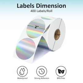 2'' Holographic Thermal Labels - 400pcs Round Thermal Printer Labels, Waterproof Thermal Printer Stickers for Logo Design, Name/Price Tag, Thanks Card, Address, QR Code, 400 Labels/Roll