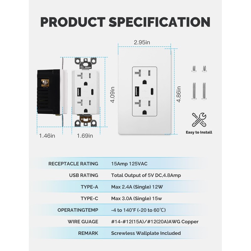 MOES USB Outlets(UL Certified), Type-C & USB-A Ports, 5VDC 4.8A